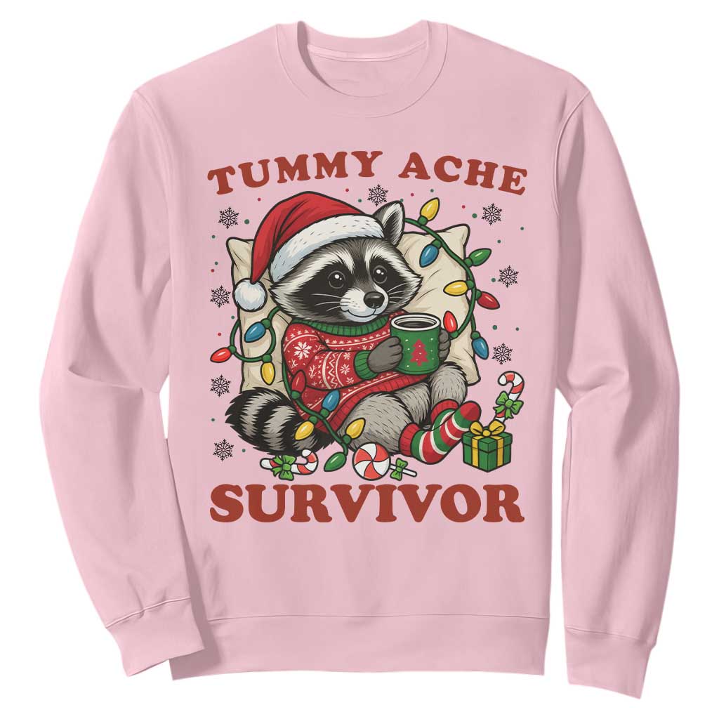 Funny Racoon Christmas Meme Sweatshirt Tummy Ache Survivor TS14 Light Pink Print Your Wear