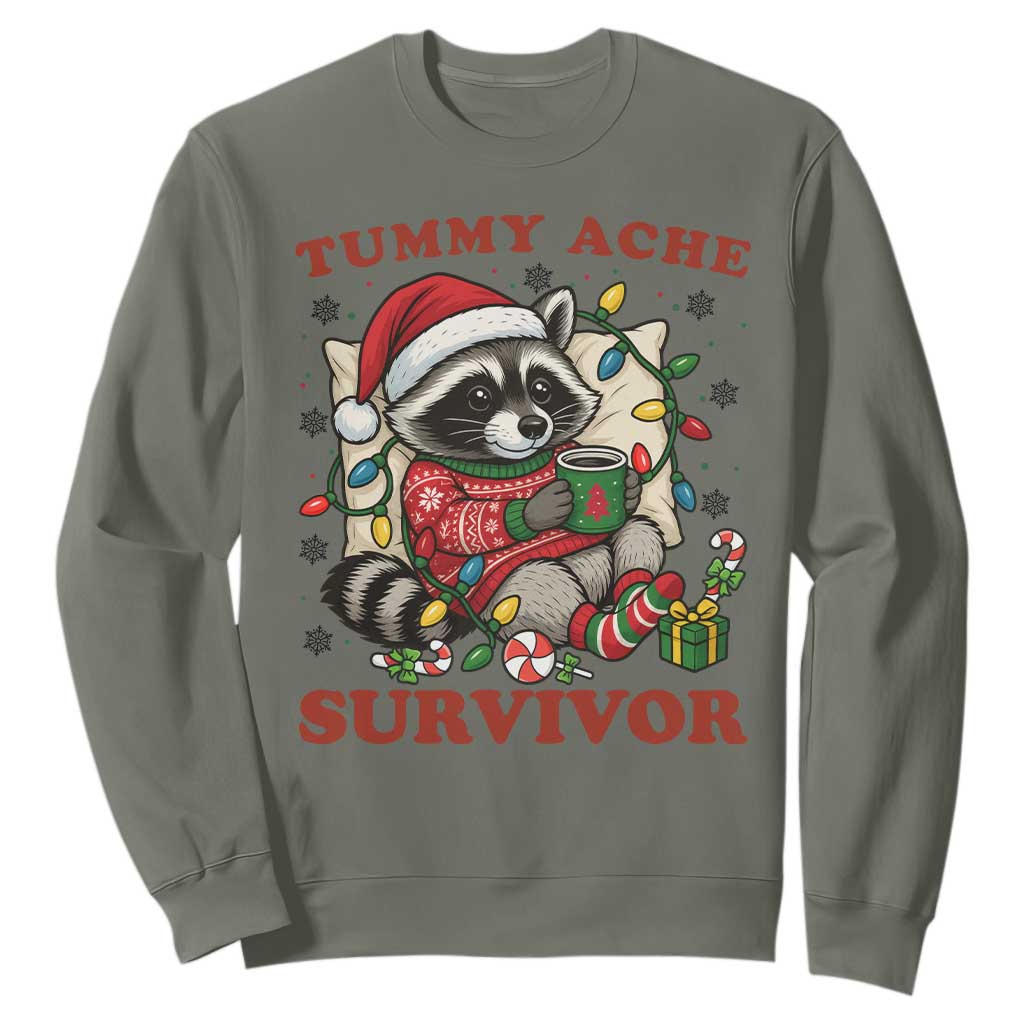 Funny Racoon Christmas Meme Sweatshirt Tummy Ache Survivor TS14 Military Green Print Your Wear