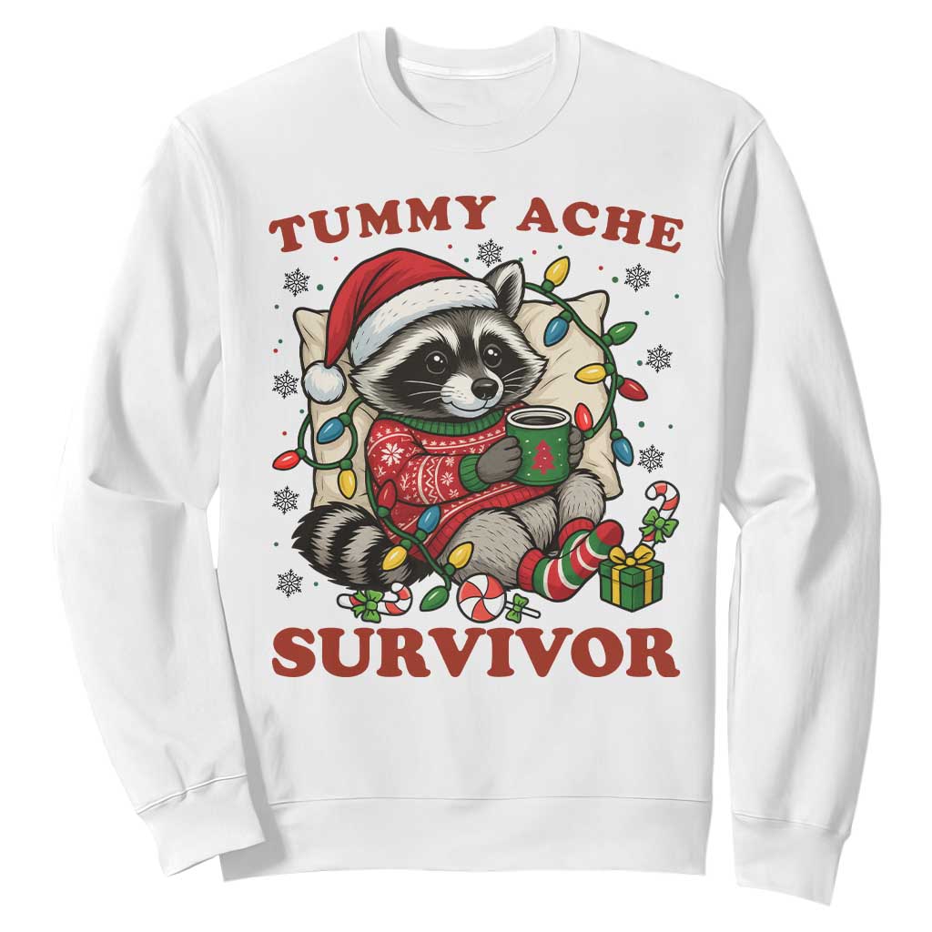 Funny Racoon Christmas Meme Sweatshirt Tummy Ache Survivor TS14 White Print Your Wear