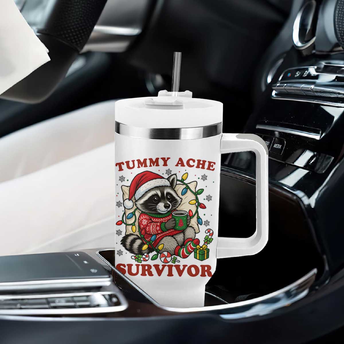 Funny Racoon Christmas Meme Tumbler With Handle Tummy Ache Survivor TS14 Print Your Wear
