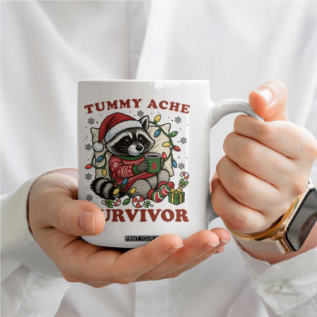 Funny Racoon Christmas Meme Coffee Mug Tummy Ache Survivor TS14 Print Your Wear