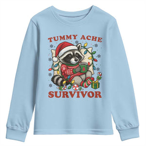 Funny Racoon Christmas Meme Youth Sweatshirt Tummy Ache Survivor TS14 Light Blue Print Your Wear