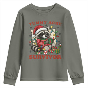 Funny Racoon Christmas Meme Youth Sweatshirt Tummy Ache Survivor TS14 Military Green Print Your Wear