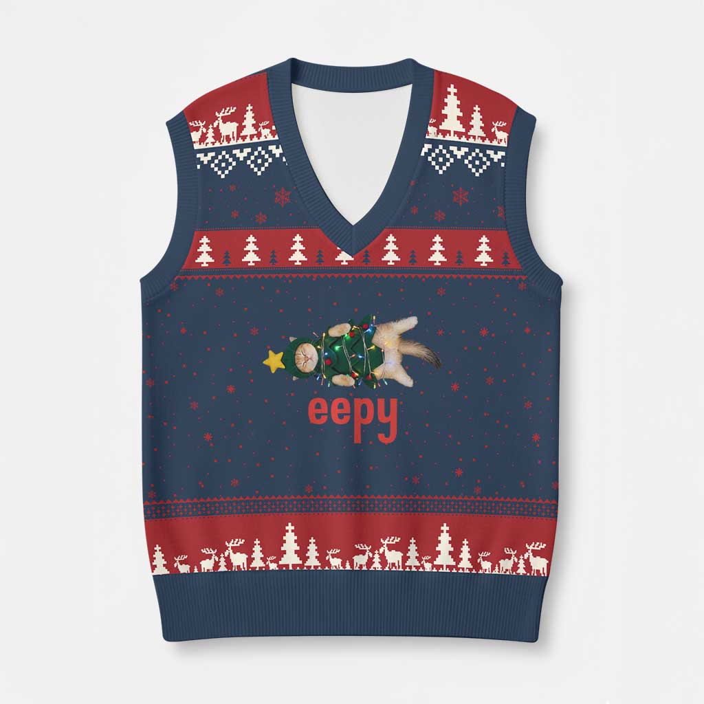 Cat Xmas Meme V-Neck Knit Sweater Vest Eepy Kitten Silly Sleepy TS14 Navy Red Print Your Wear