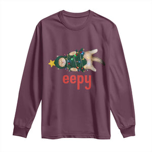 Cat Christmas Meme Long Sleeve Shirt Eepy Kitten Silly Sleepy TS14 Maroon Print Your Wear