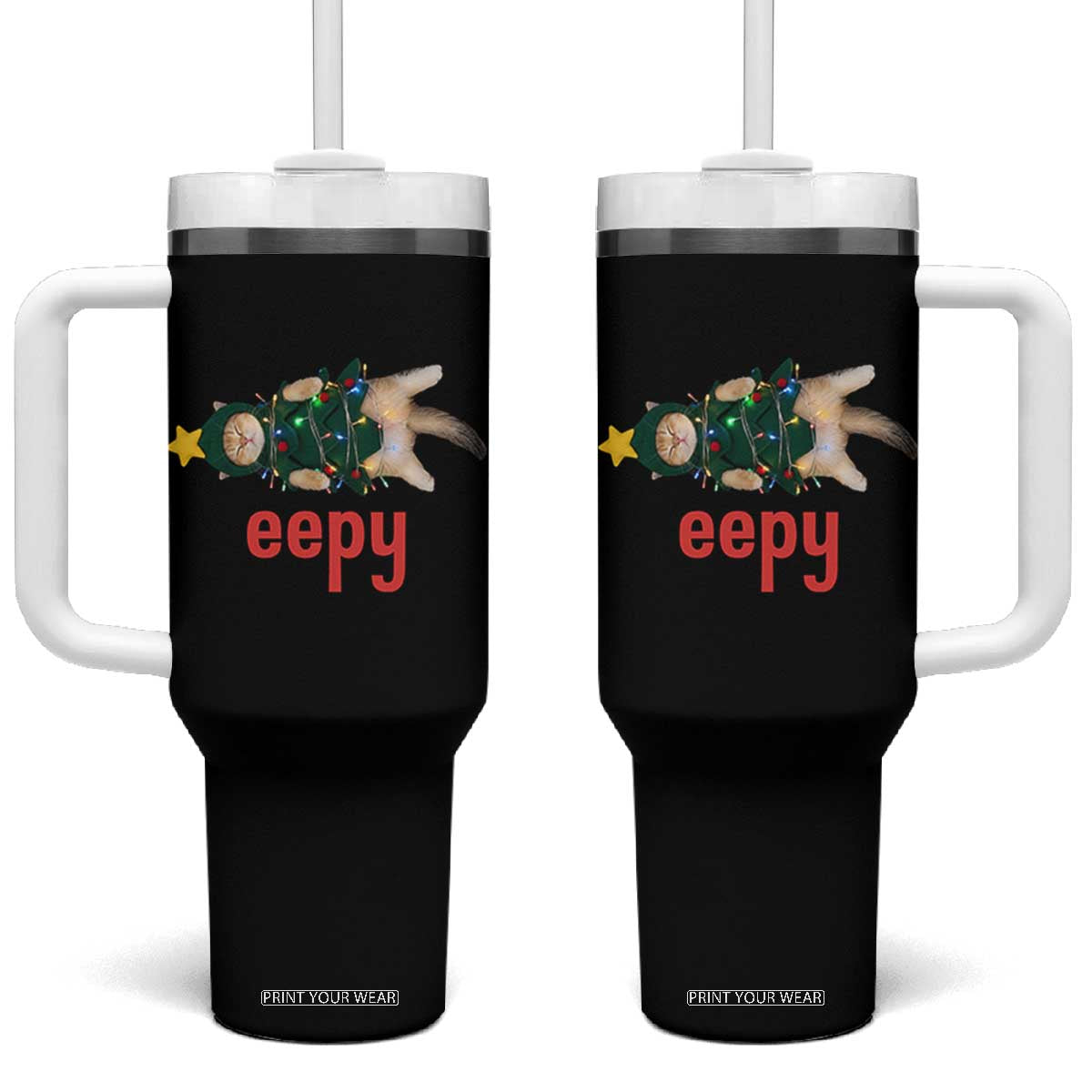 Cat Christmas Meme Tumbler With Handle Eepy Kitten Silly Sleepy TS14 One Size: 40 oz Black Print Your Wear