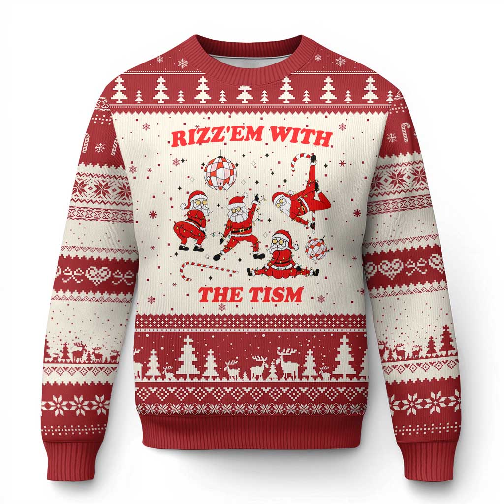 Funny Santa Xmas Ugly Christmas Sweater Rizz Em With The Tism TS14 Beige Red Print Your Wear