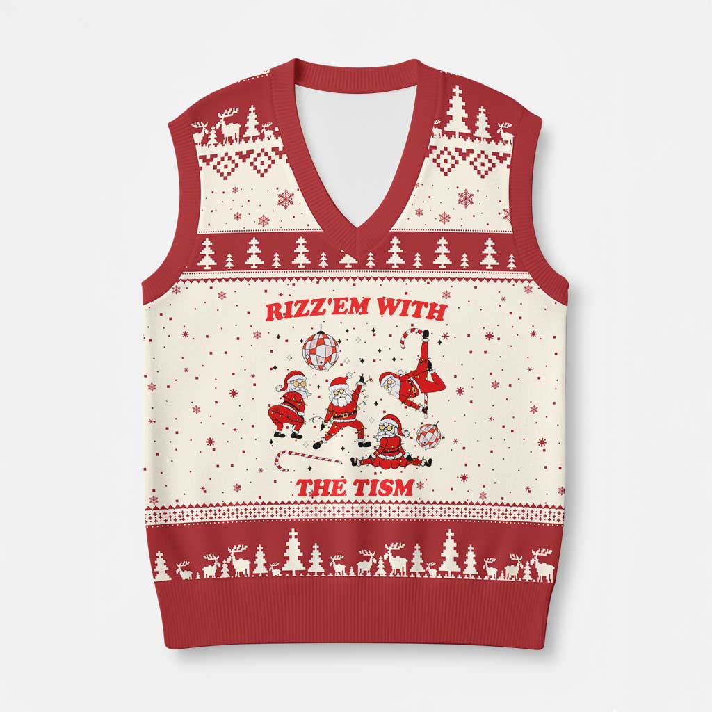 Funny Santa Xmas V-Neck Knit Sweater Vest Rizz Em With The Tism TS14 Beige Red Print Your Wear