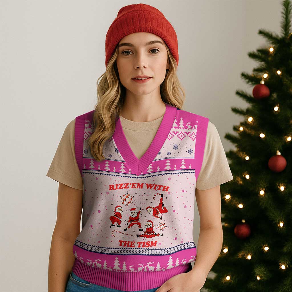 Funny Santa Xmas V-Neck Knit Sweater Vest Rizz Em With The Tism TS14 Hot Pink Print Your Wear