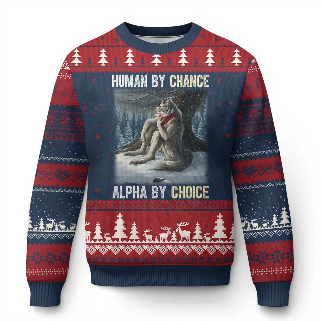 Funny Alpha Wolf Xmas Meme Ugly Christmas Sweater Human By Chance Alpha By Choice TS14 Navy Red Print Your Wear