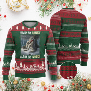 Funny Alpha Wolf Xmas Meme Ugly Christmas Sweater Human By Chance Alpha By Choice TS14 Red Green Print Your Wear