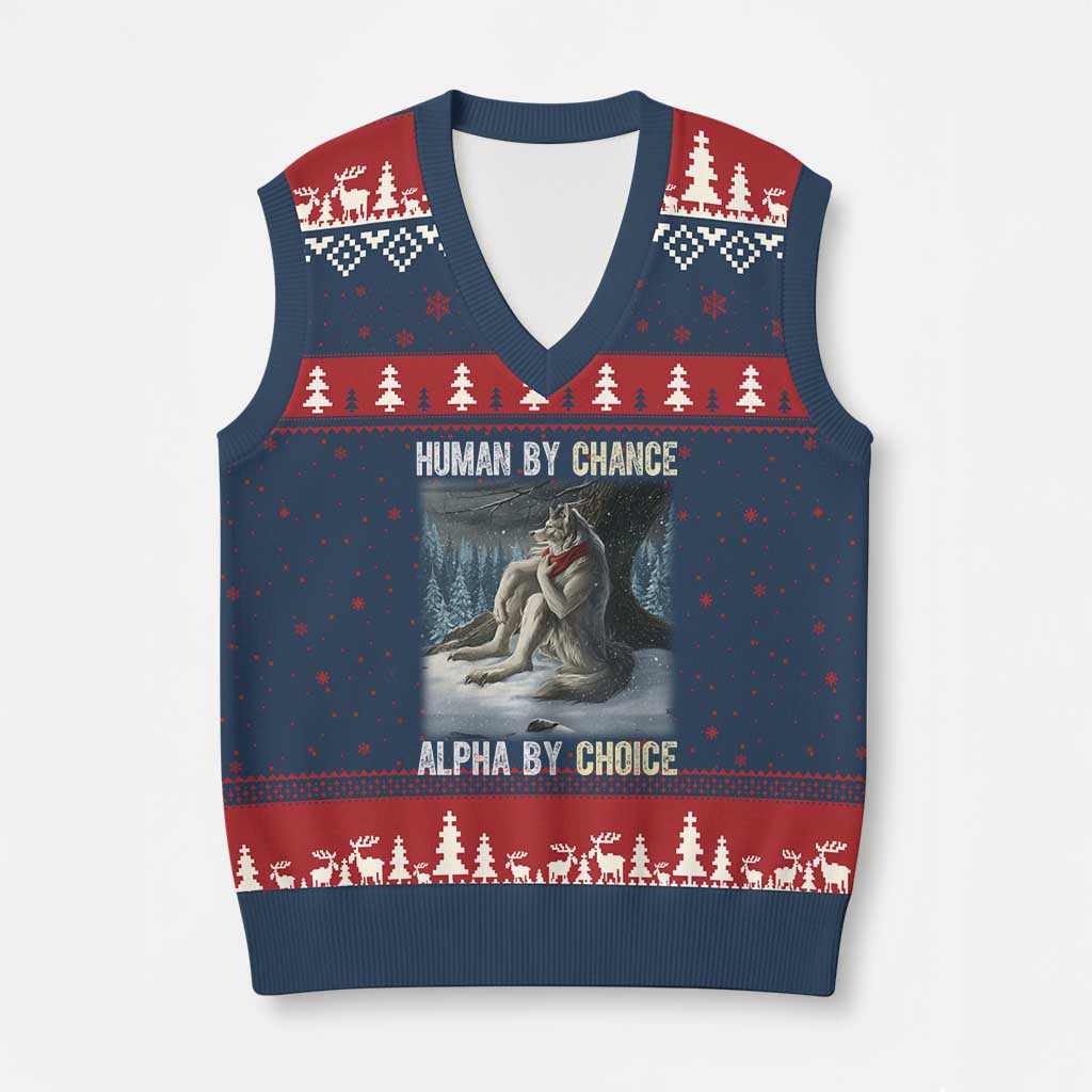 Funny Alpha Wolf Xmas Meme V-Neck Knit Sweater Vest Human By Chance Alpha By Choice TS14 Navy Red Print Your Wear