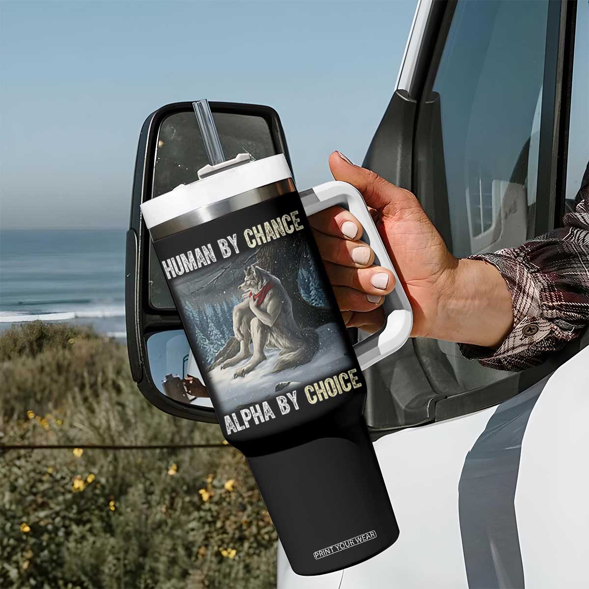 Funny Alpha Wolf Christmas Meme Tumbler With Handle Human By Chance Alpha By Choice TS14 Print Your Wear