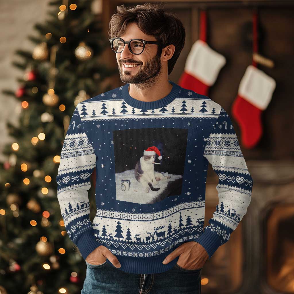 Funny Smoking Cat Xmas Meme Ugly Christmas Sweater TS14 Navy Beige Print Your Wear