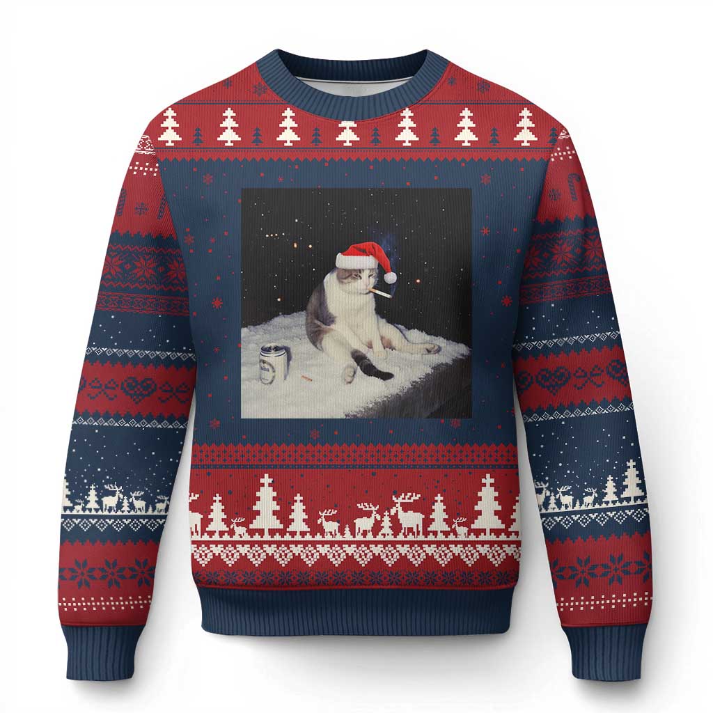 Funny Smoking Cat Xmas Meme Ugly Christmas Sweater TS14 Navy Red Print Your Wear