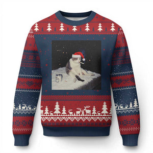 Funny Smoking Cat Xmas Meme Ugly Christmas Sweater TS14 Navy Red Print Your Wear