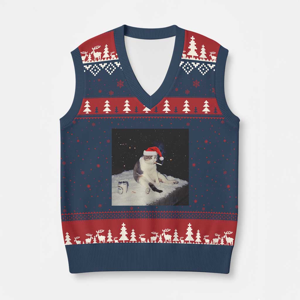 Funny Smoking Cat Xmas Meme V-Neck Knit Sweater Vest TS14 Navy Red Print Your Wear