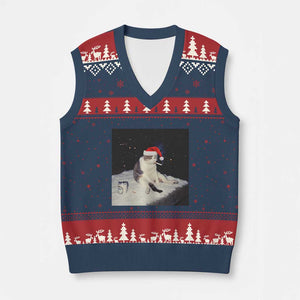 Funny Smoking Cat Xmas Meme V-Neck Knit Sweater Vest TS14 Navy Red Print Your Wear