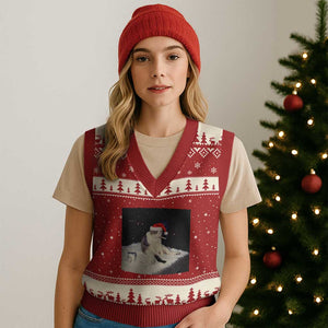 Funny Smoking Cat Xmas Meme V-Neck Knit Sweater Vest TS14 Red Beige Print Your Wear