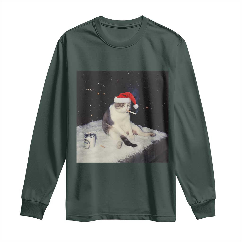 Funny Smoking Cat Christmas Meme Long Sleeve Shirt TS14 Dark Forest Green Print Your Wear
