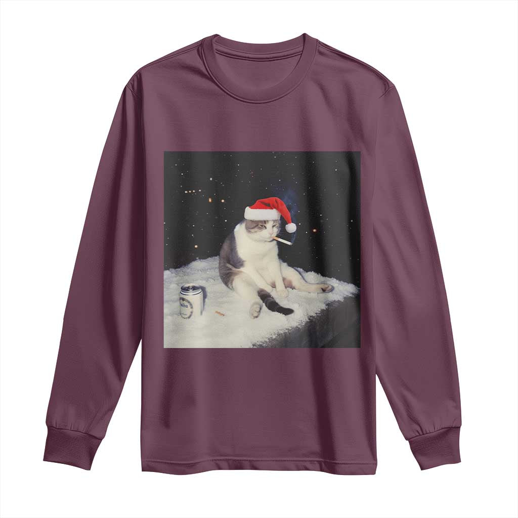 Funny Smoking Cat Christmas Meme Long Sleeve Shirt TS14 Maroon Print Your Wear