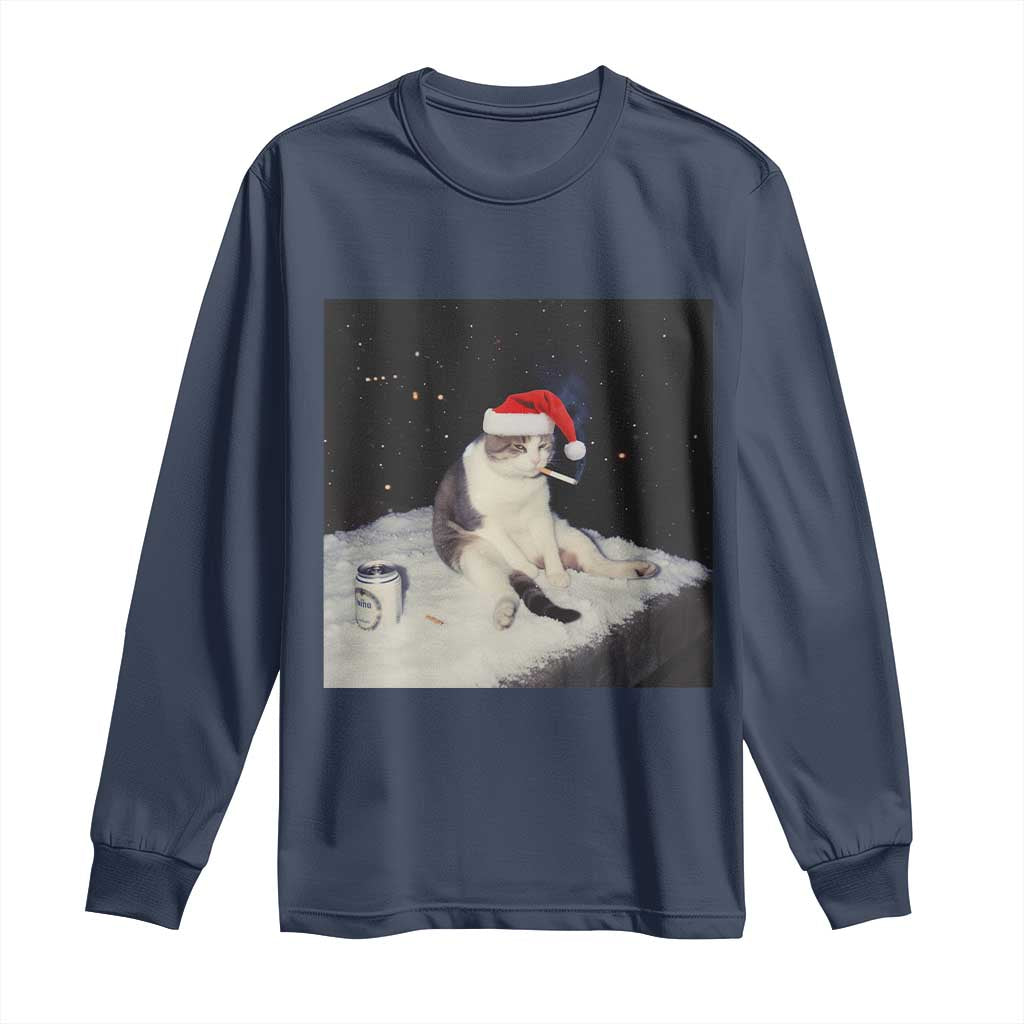 Funny Smoking Cat Christmas Meme Long Sleeve Shirt TS14 Navy Print Your Wear
