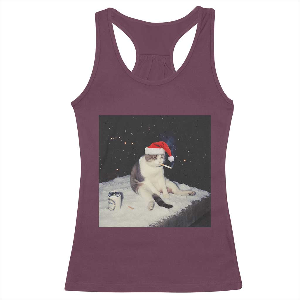 Funny Smoking Cat Christmas Meme Racerback Tank Top TS14 Maroon Print Your Wear
