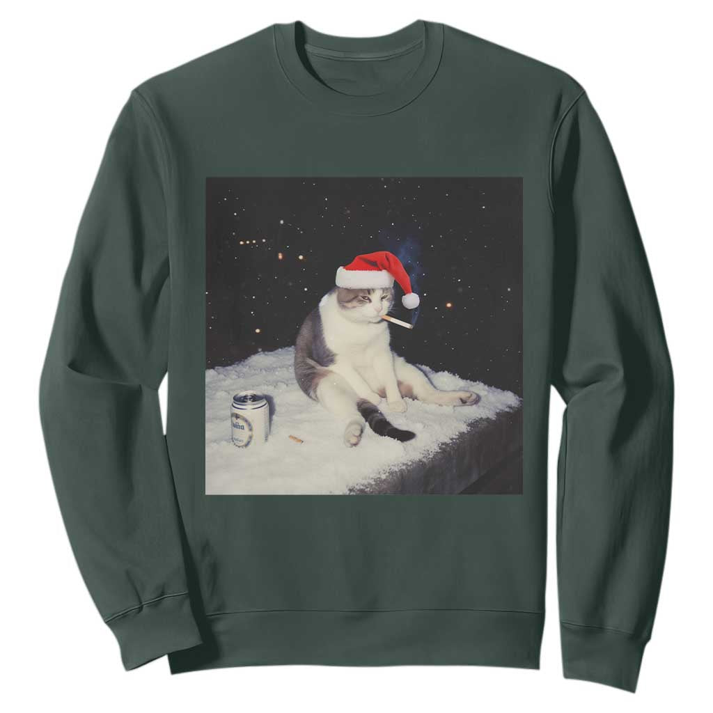 Funny Smoking Cat Christmas Meme Sweatshirt TS14 Dark Forest Green Print Your Wear