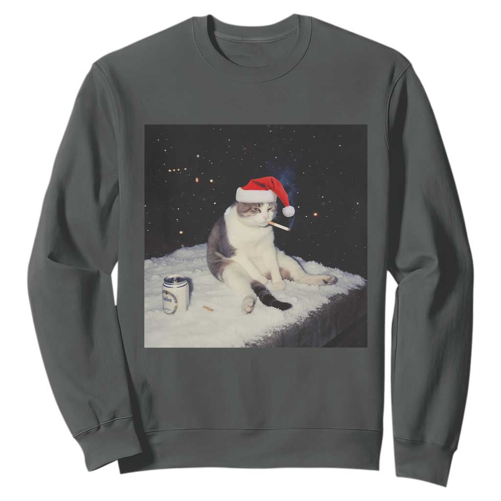 Funny Smoking Cat Christmas Meme Sweatshirt TS14 Dark Heather Print Your Wear