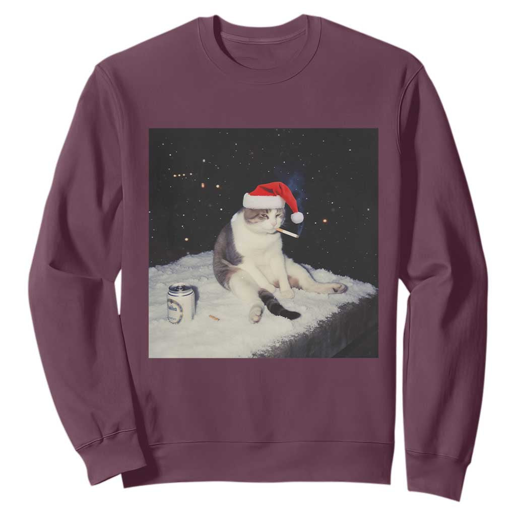 Funny Smoking Cat Christmas Meme Sweatshirt TS14 Maroon Print Your Wear