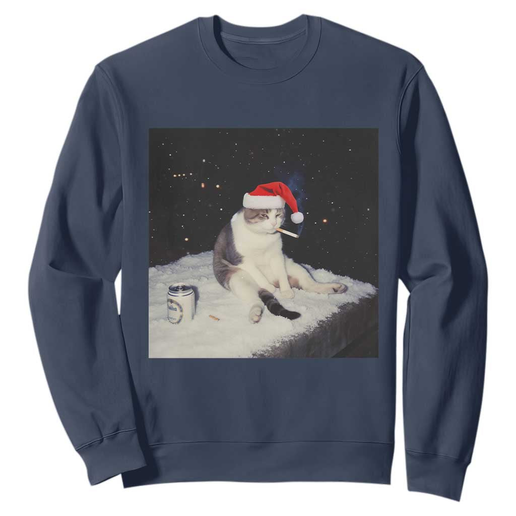 Funny Smoking Cat Christmas Meme Sweatshirt TS14 Navy Print Your Wear