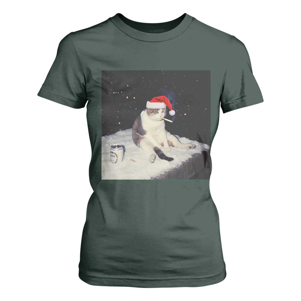 Funny Smoking Cat Christmas Meme T Shirt For Women TS14 Dark Forest Green Print Your Wear