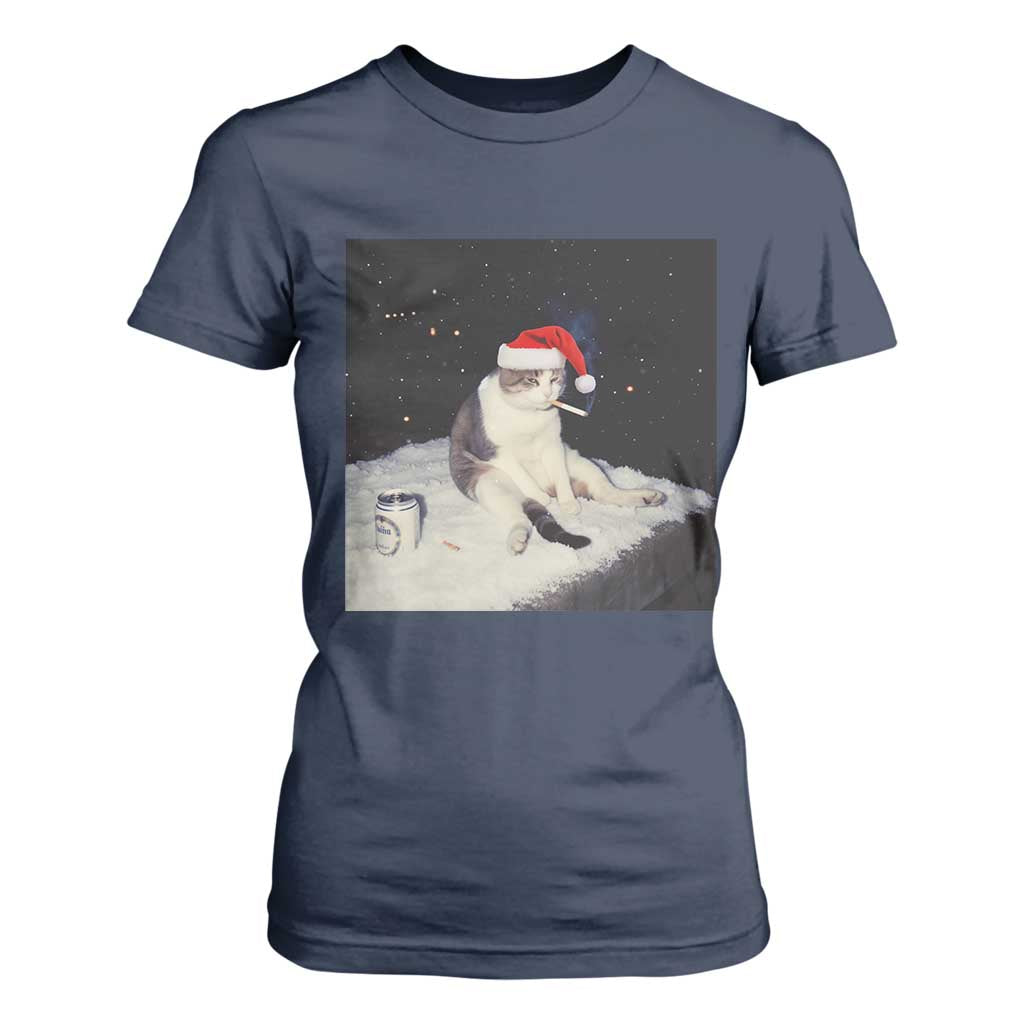 Funny Smoking Cat Christmas Meme T Shirt For Women TS14 Navy Print Your Wear