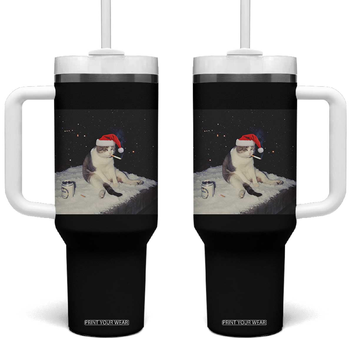Funny Smoking Cat Christmas Meme Tumbler With Handle TS14 One Size: 40 oz Black Print Your Wear