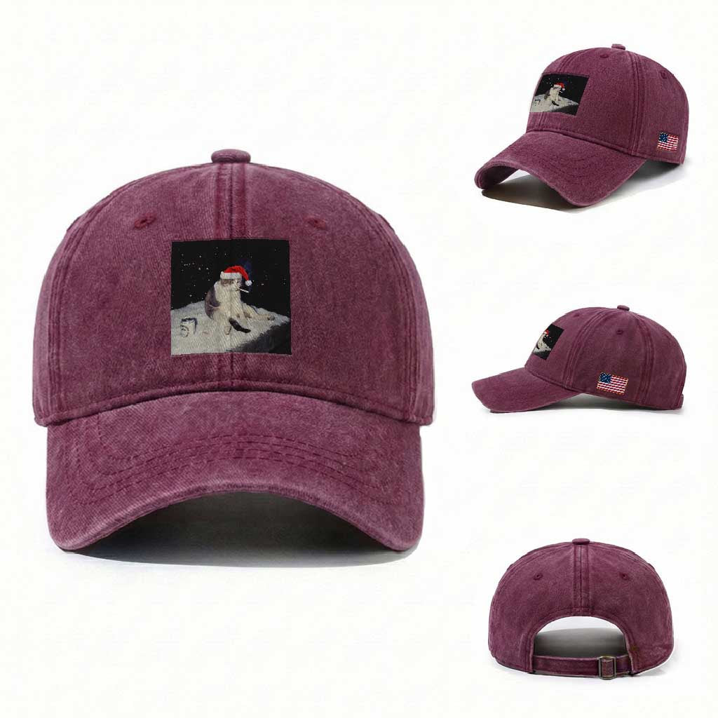 Funny Smoking Cat Christmas Meme Washed Cotton Baseball Cap TS14 Washed Cap Universal Fit Burgundy Print Your Wear