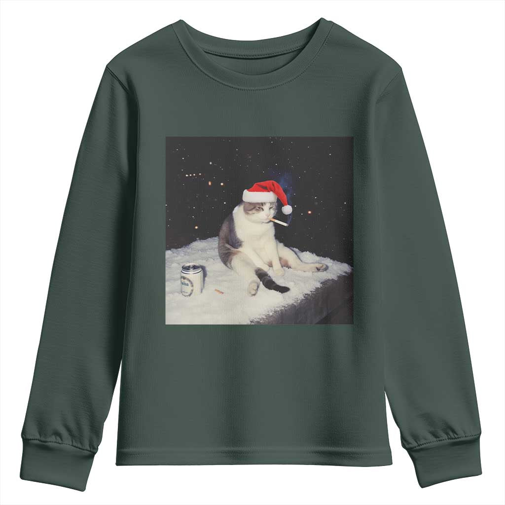 Funny Smoking Cat Christmas Meme Youth Sweatshirt TS14 Dark Forest Green Print Your Wear