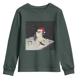 Funny Smoking Cat Christmas Meme Youth Sweatshirt TS14 Dark Forest Green Print Your Wear