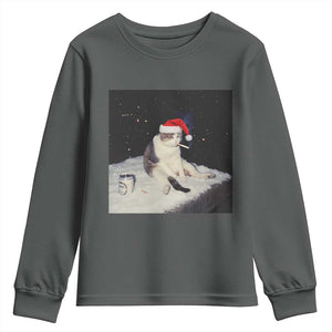 Funny Smoking Cat Christmas Meme Youth Sweatshirt TS14 Dark Heather Print Your Wear