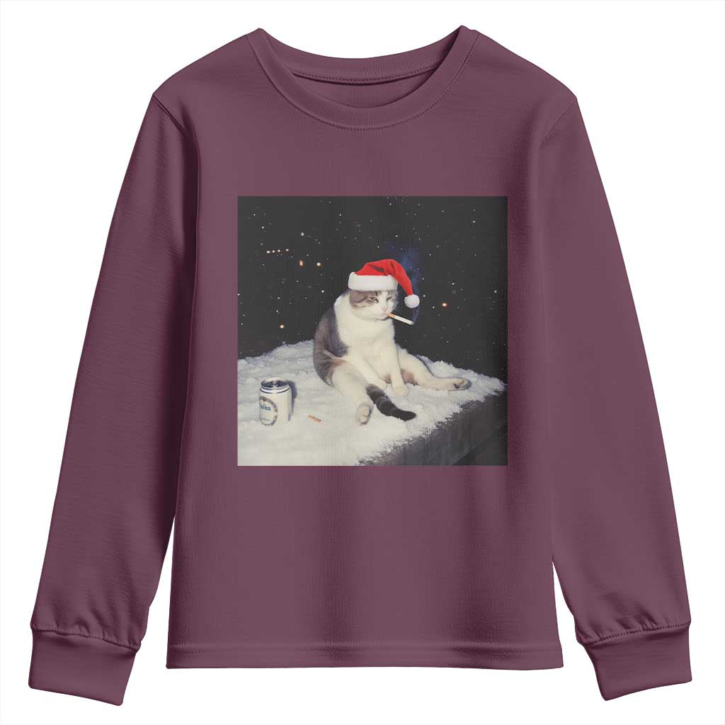 Funny Smoking Cat Christmas Meme Youth Sweatshirt TS14 Maroon Print Your Wear