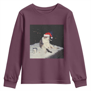 Funny Smoking Cat Christmas Meme Youth Sweatshirt TS14 Maroon Print Your Wear