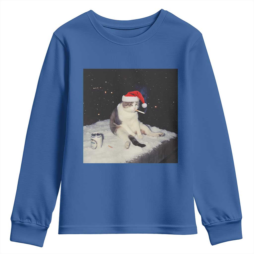 Funny Smoking Cat Christmas Meme Youth Sweatshirt TS14 Royal Blue Print Your Wear