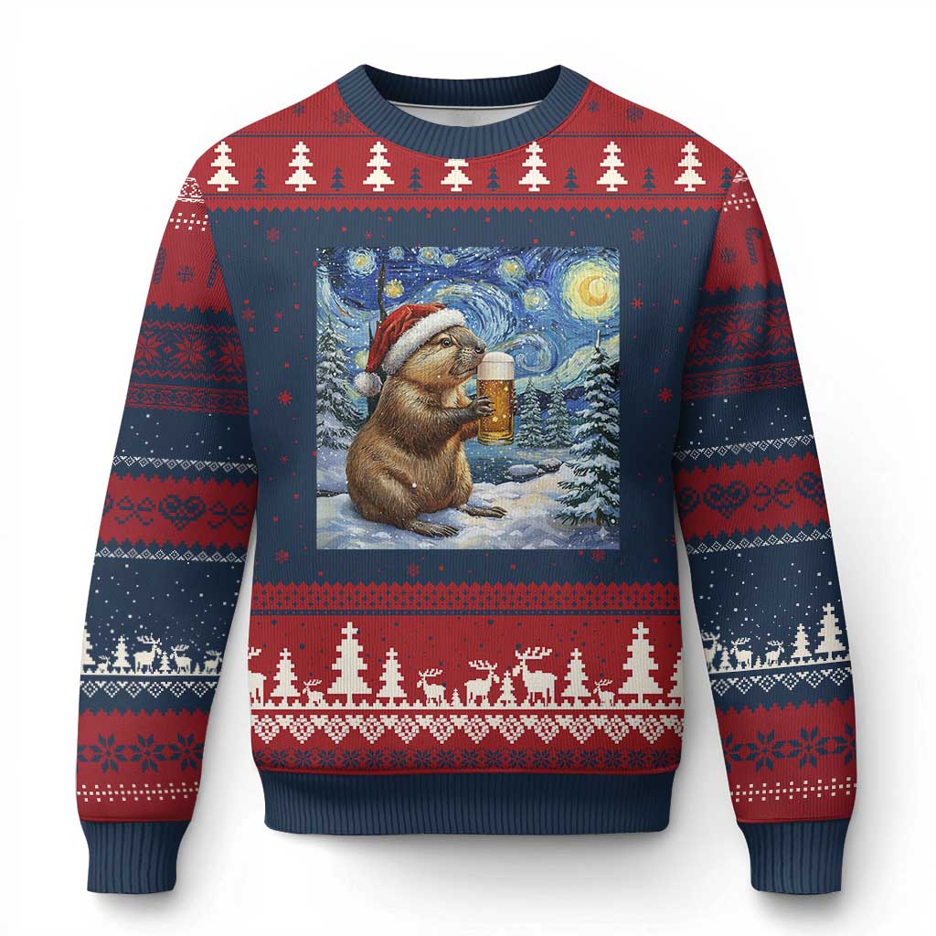 Otter Beer Xmas Ugly Christmas Sweater Starry Night Van Gogh TS14 Navy Red Print Your Wear