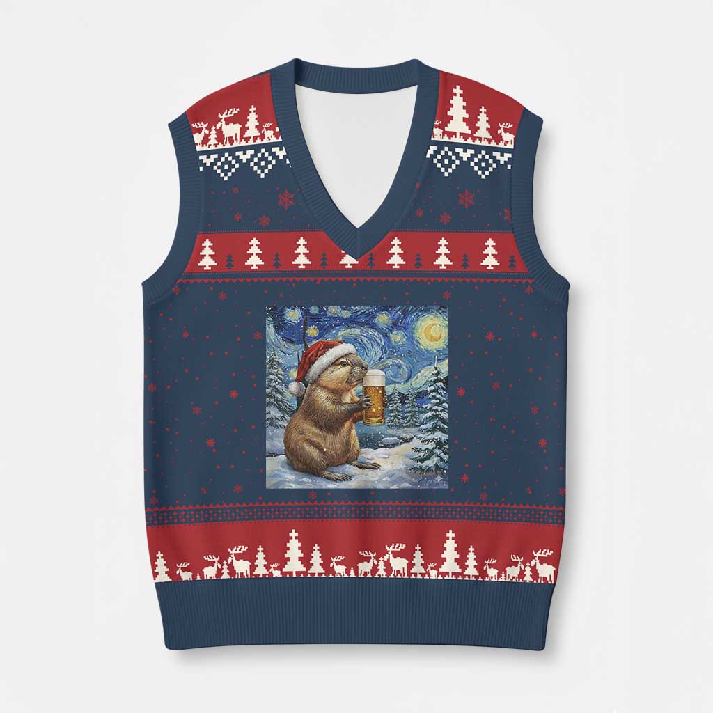 Otter Beer Xmas V-Neck Knit Sweater Vest Starry Night Van Gogh TS14 Navy Red Print Your Wear