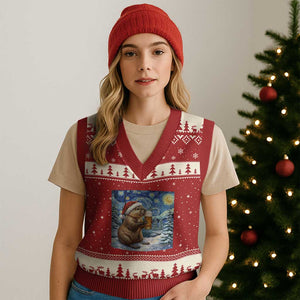 Otter Beer Xmas V-Neck Knit Sweater Vest Starry Night Van Gogh TS14 Red Beige Print Your Wear