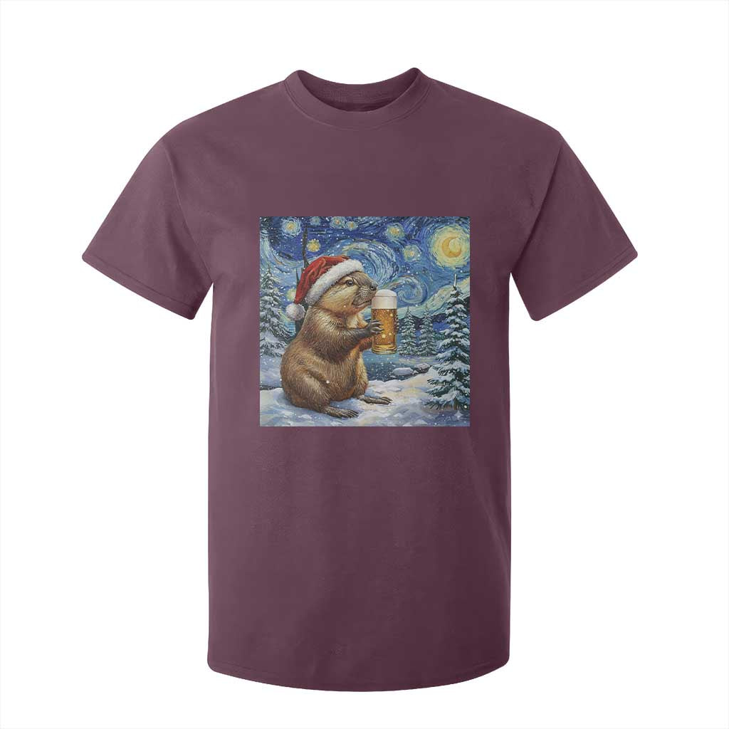 Otter Beer Christmas T Shirt For Kid Starry Night Van Gogh TS14 Maroon Print Your Wear