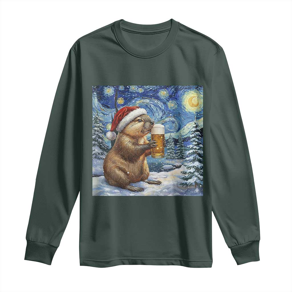 Otter Beer Christmas Long Sleeve Shirt Starry Night Van Gogh TS14 Dark Forest Green Print Your Wear