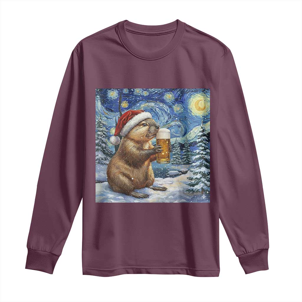 Otter Beer Christmas Long Sleeve Shirt Starry Night Van Gogh TS14 Maroon Print Your Wear