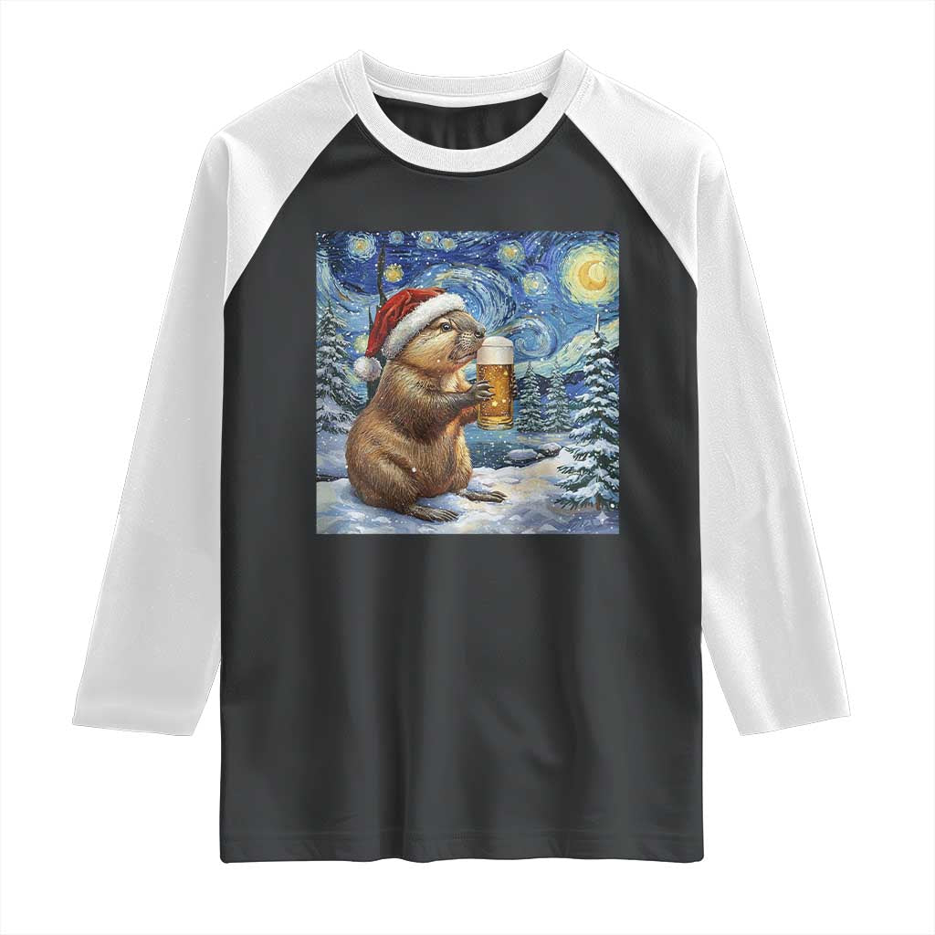 Otter Beer Christmas Raglan Shirt Starry Night Van Gogh TS14 Black White Print Your Wear
