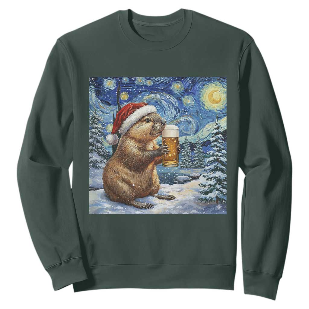 Otter Beer Christmas Sweatshirt Starry Night Van Gogh TS14 Dark Forest Green Print Your Wear