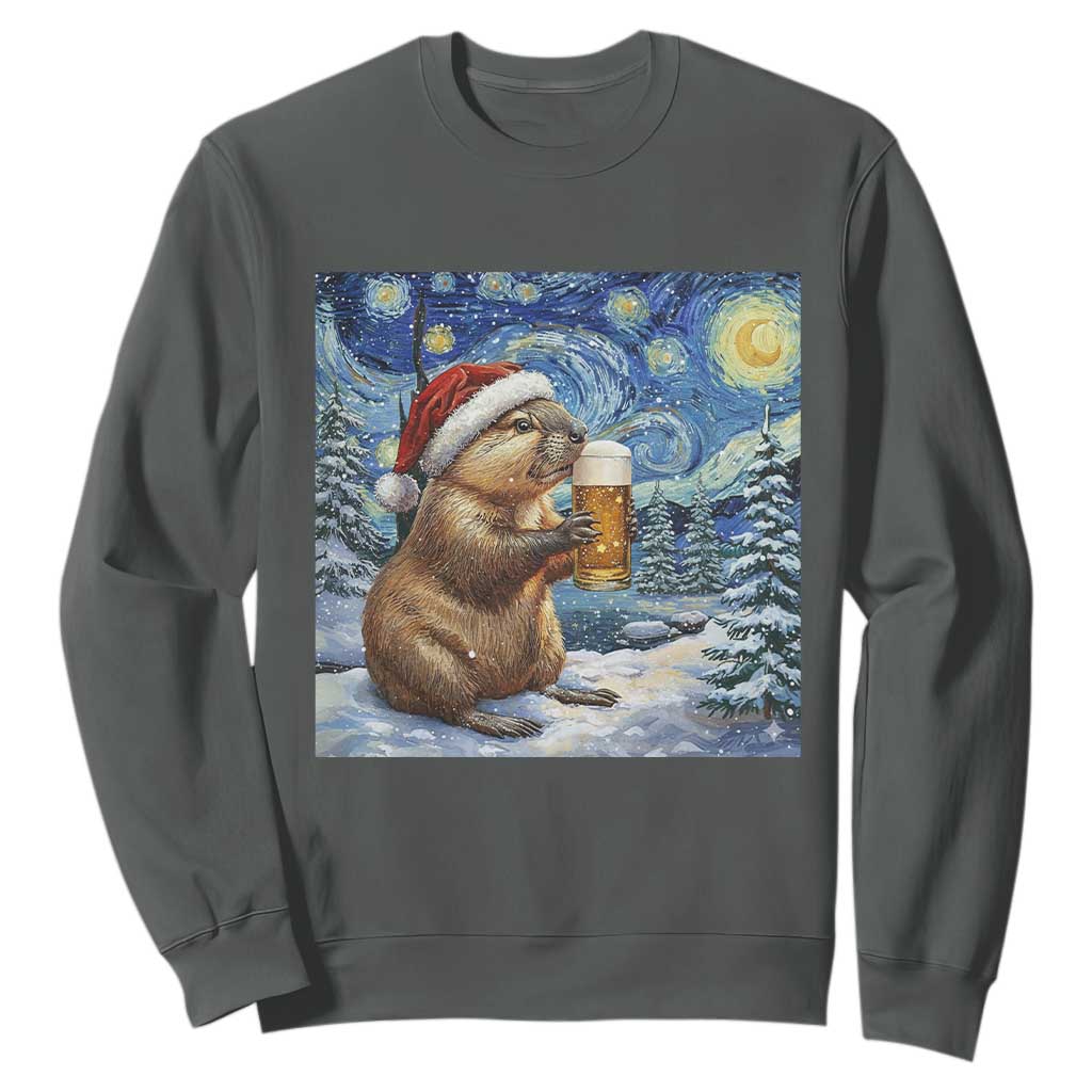 Otter Beer Christmas Sweatshirt Starry Night Van Gogh TS14 Dark Heather Print Your Wear